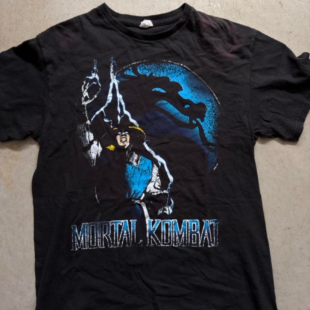 Vintage Mortal Kombat Raiden Blue Dragon Graphic T-Shirt Mens Medium Black Retro - Picture 2 of 3